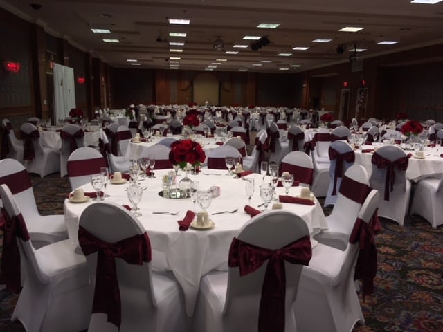 red and white themed event in the ballroom